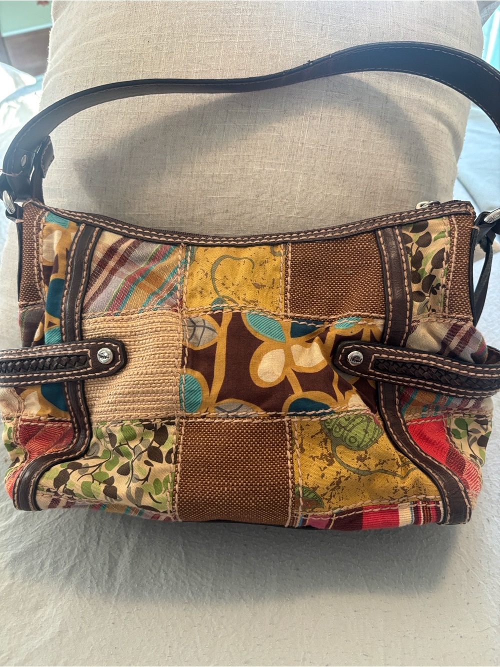 Vintage Y2K Fossil Patchwork CanvasLeather Shoulder Bag in Multicolour